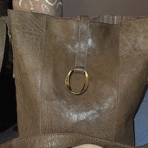 Lucky Brand Olive Brown Leather Tote with Gold Ring Detail
